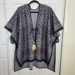 ANIMAL PRINT Women's Black & Gray One Size Kimono Poncho with Faux Leather Trim